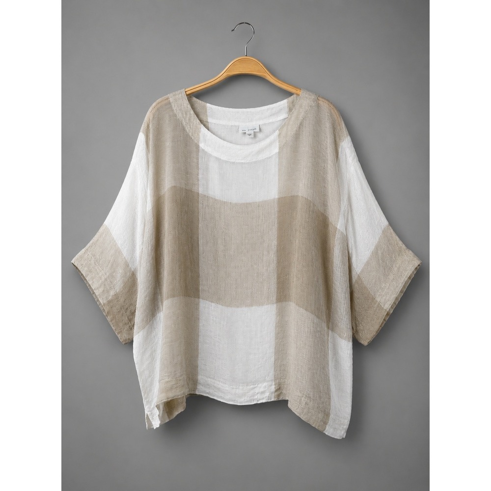 Pure Jill Buffalo‎ Check Linen Top Women M Tan Open Weave Lagenlook Coastal